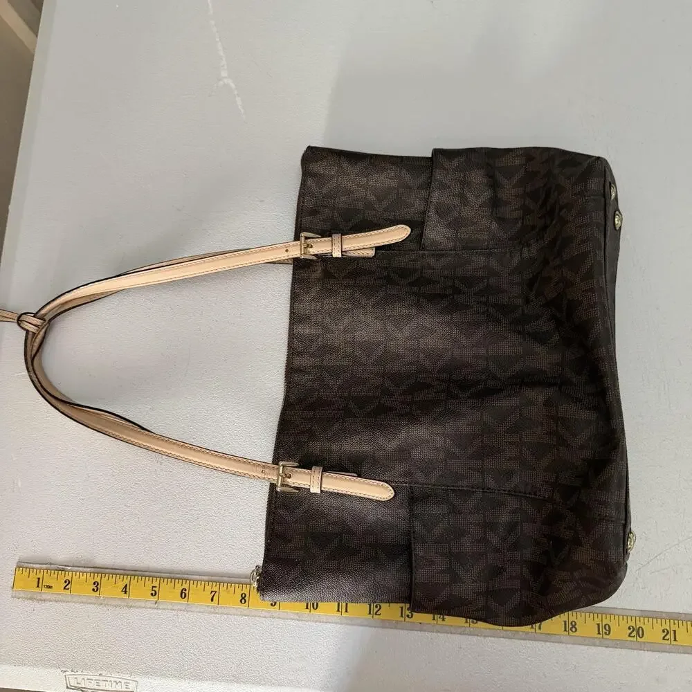Michael Kors Tote Bag Womens Large Brown Logo PVC Leather Zip Shoulder Handbag
